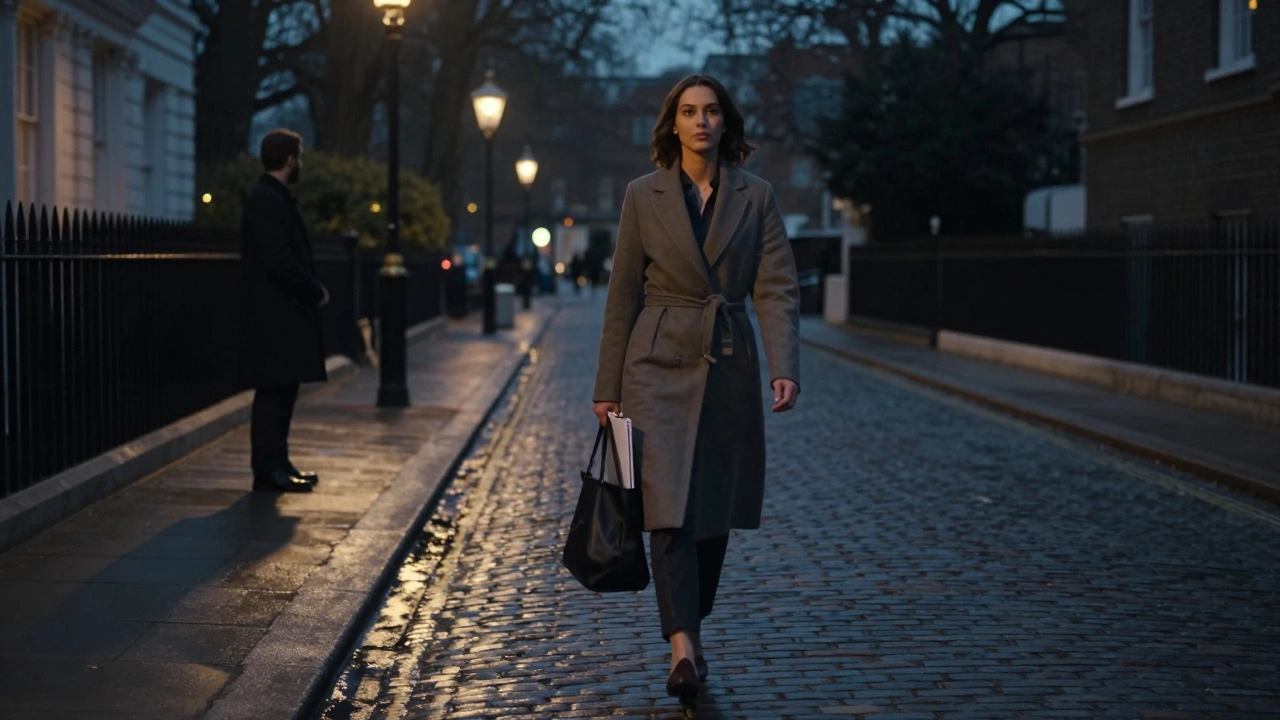 A confident woman walking alone at dusk near Hyde Park, hinting at a reserved, respectful meeting.