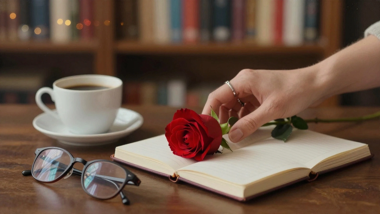 A woman&#039;s hand placing a rose on an open journal beside a coffee cup, symbolizing emotional presence.