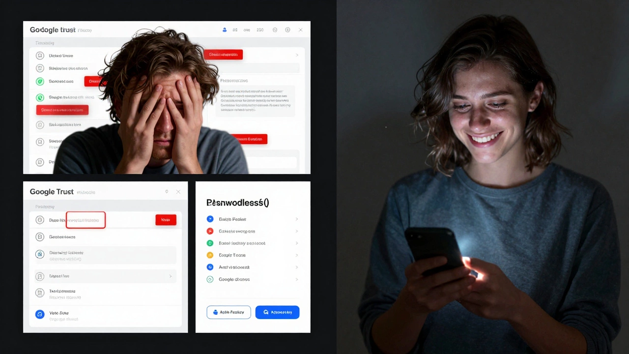 Contrasting scenes of frustrating ID form vs seamless passwordless login on phone.