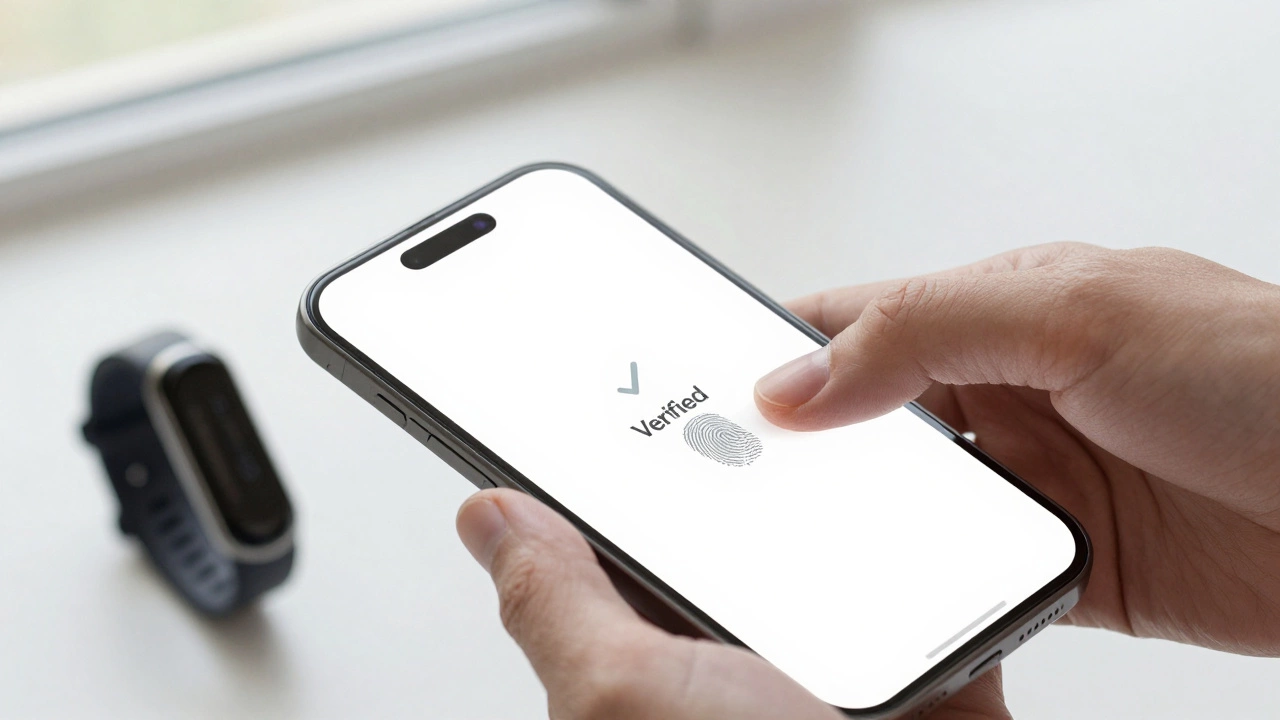 Hand using fingerprint to unlock phone while fitness tracker syncs wirelessly.